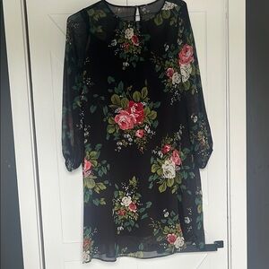 LOFT Sheer Black Floral Sheath Dress with Long Bishop Sleeves